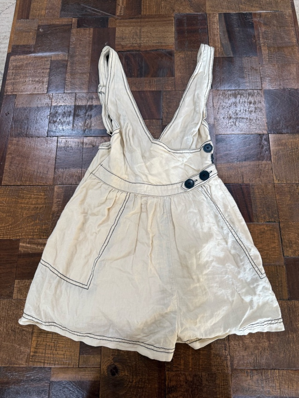 Urban Outfitters Cream Linen-Blend Romper with Contrast Stitching